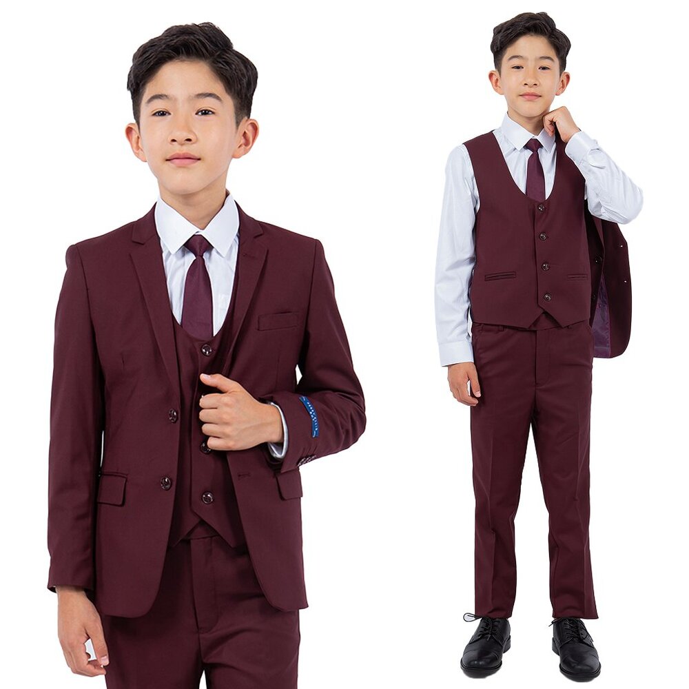 5-Piece Perry Ellis Portfolio Boys Slim Fit Solid Suit, Burgundy